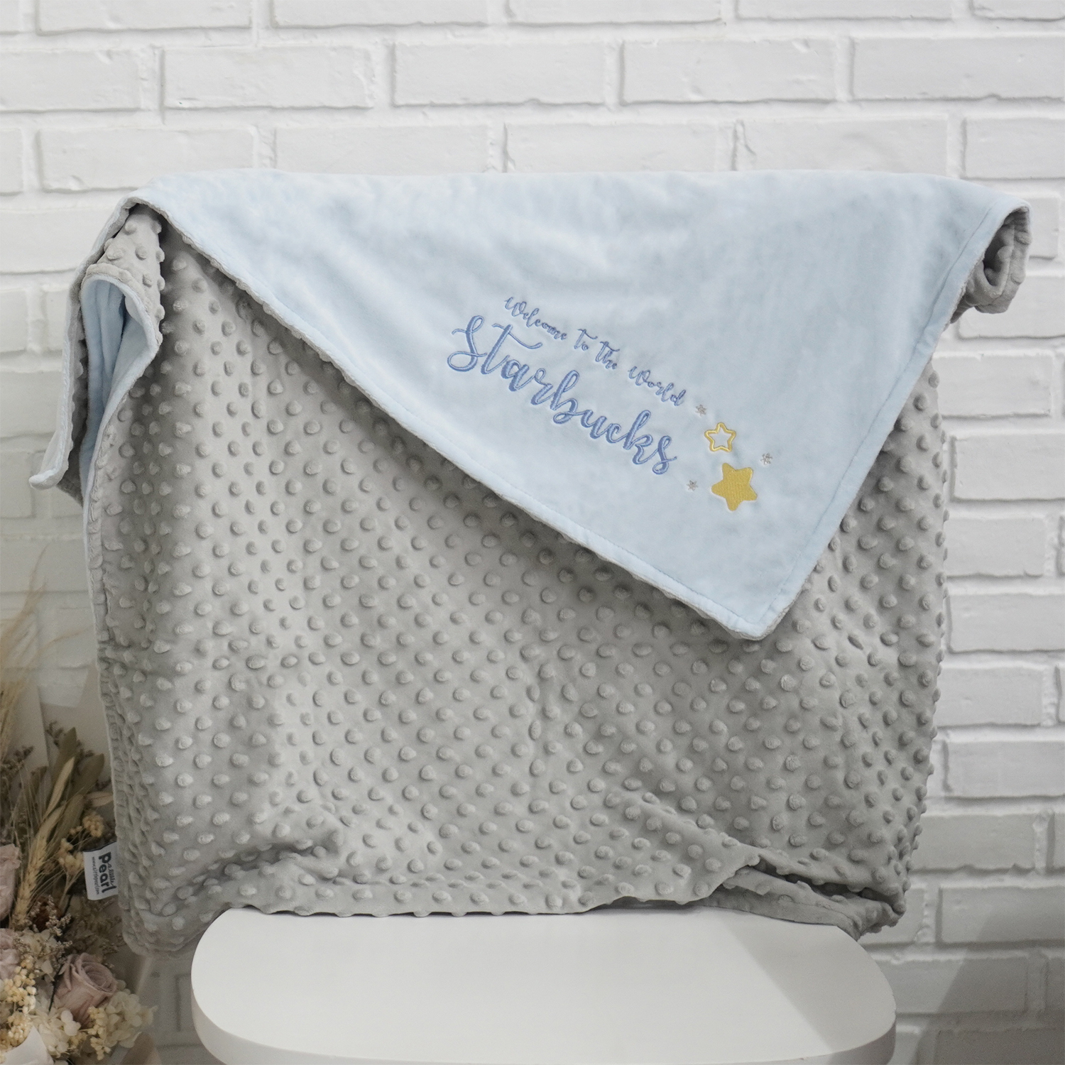 ผ้าห่ม Minky - สีฟ้า + เทา 75x100cm แบบปักชื่อ+icon - Star