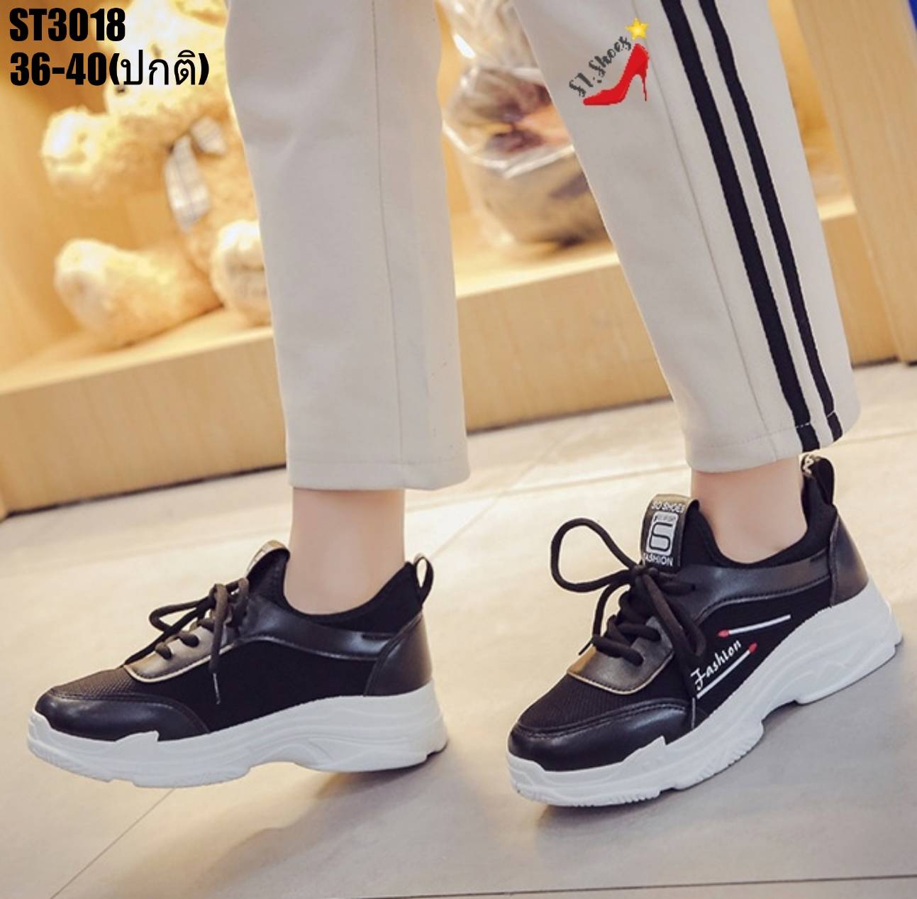 รองเท้าผ้าใบทรงSporทรงสวมtแต่งเชือกหลอก (สีดำ)