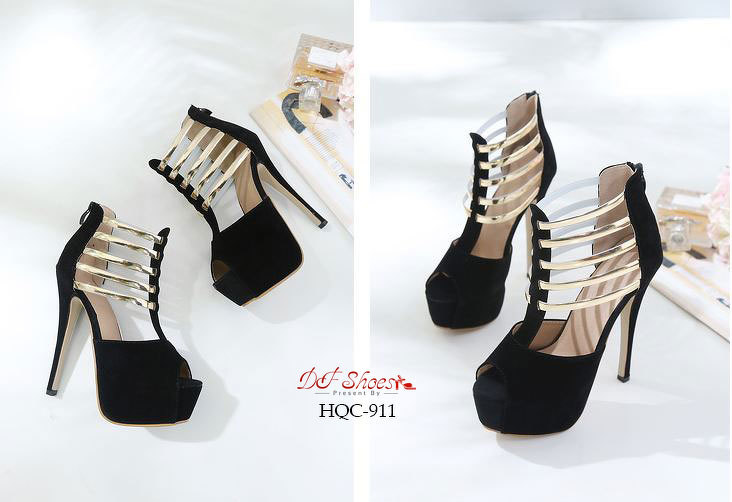 รองเท้าส้นสูงT-Strapแต่งสายคาดทอง