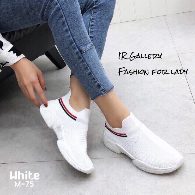 รองเท้าผ้าใบผ้าทอแต่งขอบแฟชั่น (สีขาว)