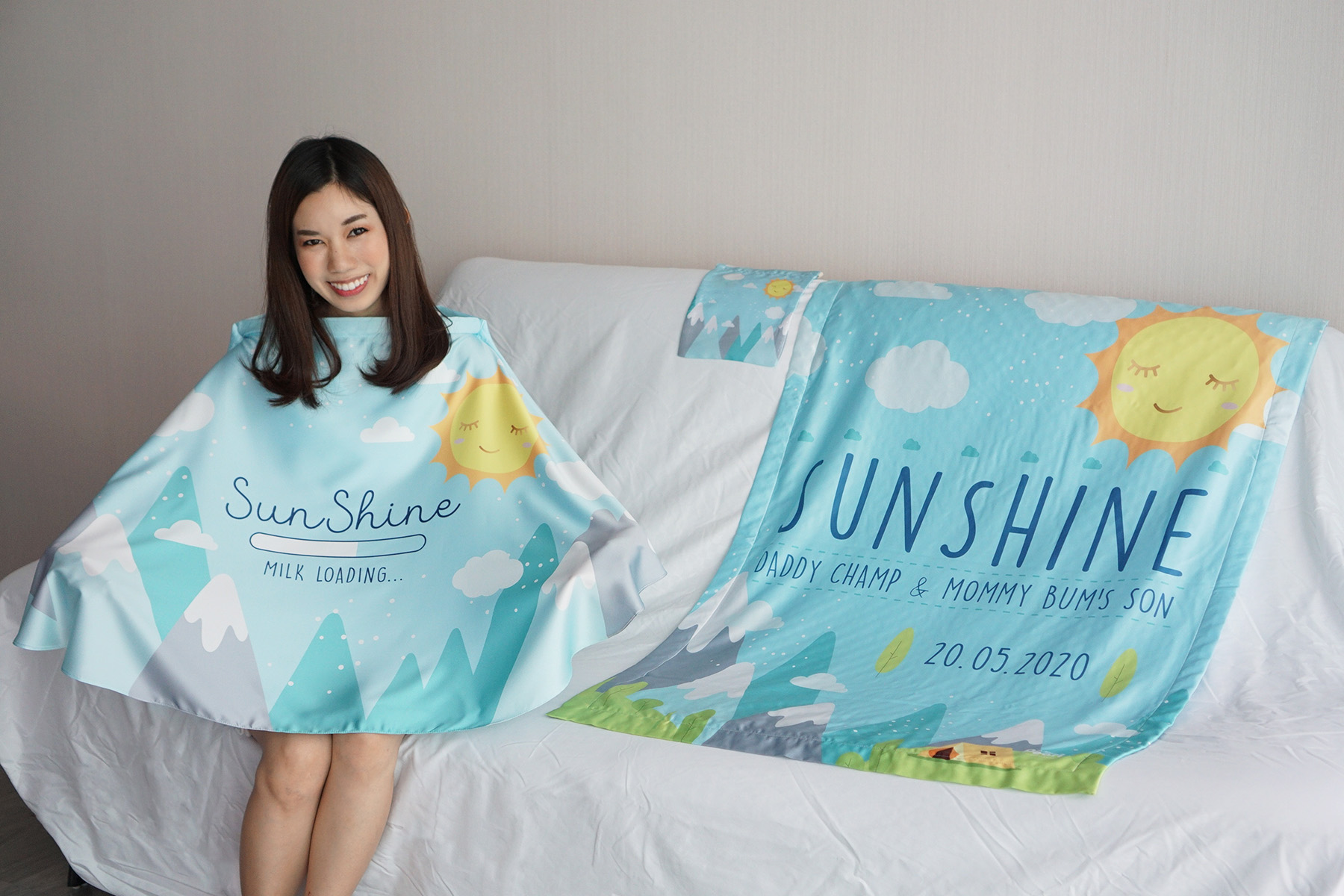 ชุดของขวัญเด็กแรกเกิด ผ้าคลุมให้นม + ผ้าห่มขนาด 75x100cm ลาย Sun - Blue