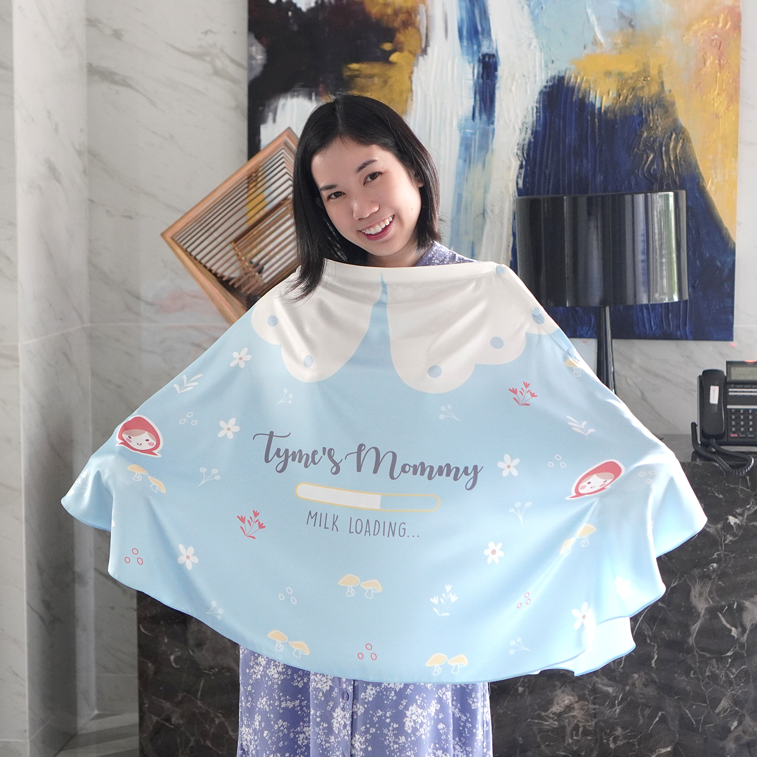 ผ้าคลุมให้นม 3in1 (รุ่นมีกระดุม ถอดโครงได้) แบบสั่งทำใส่ชื่อ ลาย Little Red Riding Hood - Blue