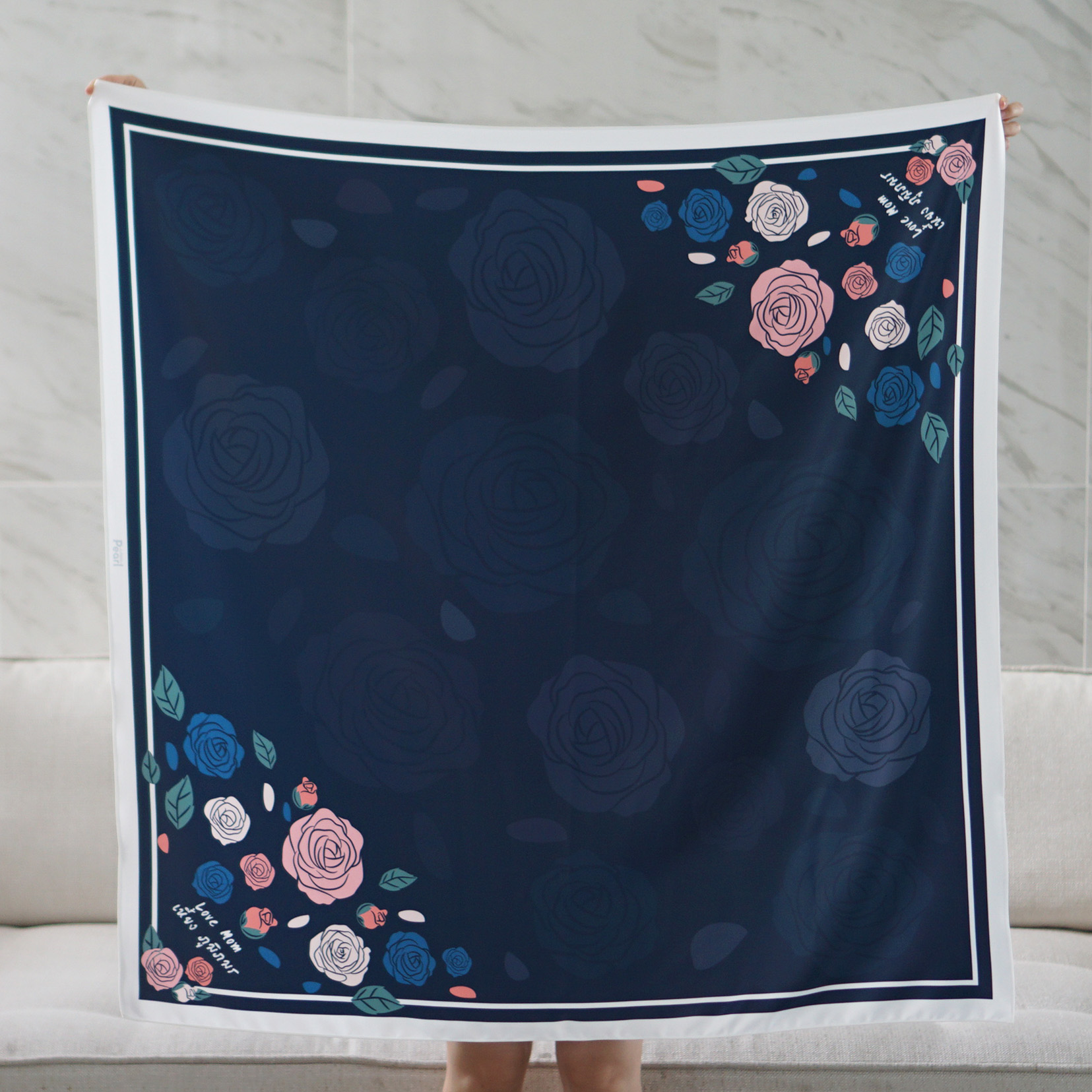 ผ้าพันคอ ลาย กุหลาบ - Rose Scarf - Navy สั่งทำใส่ชื่อ