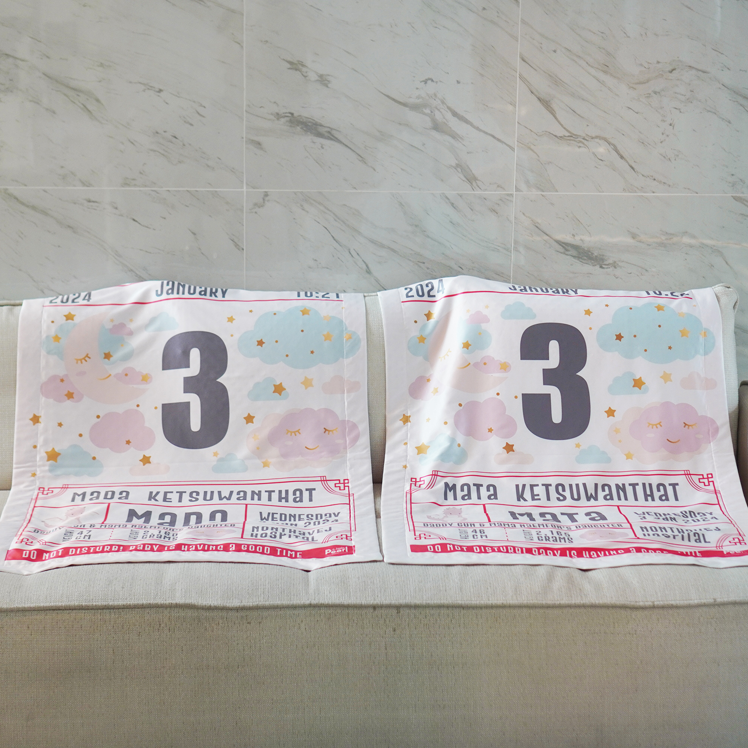 ผ้าห่มเด็ก ใส่ประวัติแรกเกิด ลาย Chinese Calendar - Moon - White/Grey