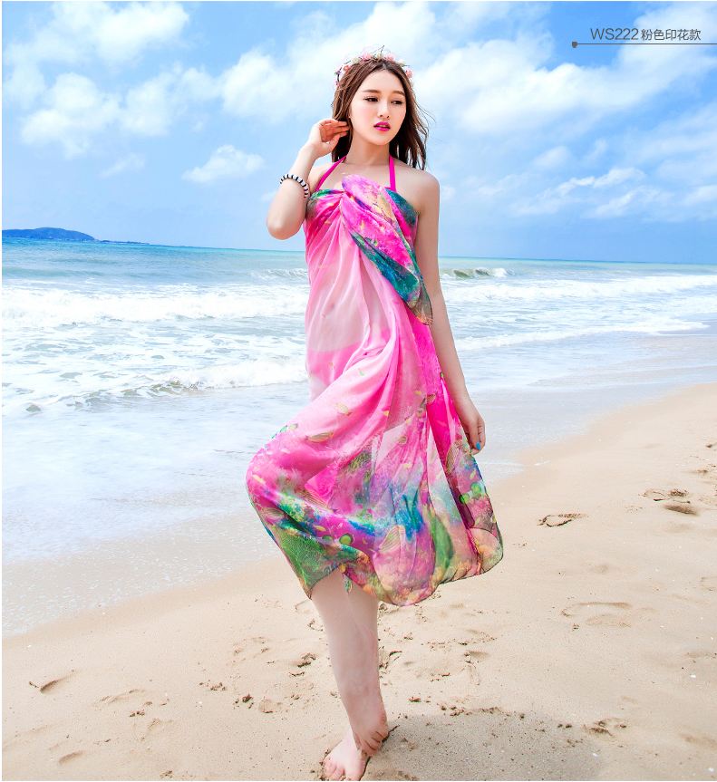 ผ้าชายหาดชีฟอง ชมพูปะการัง