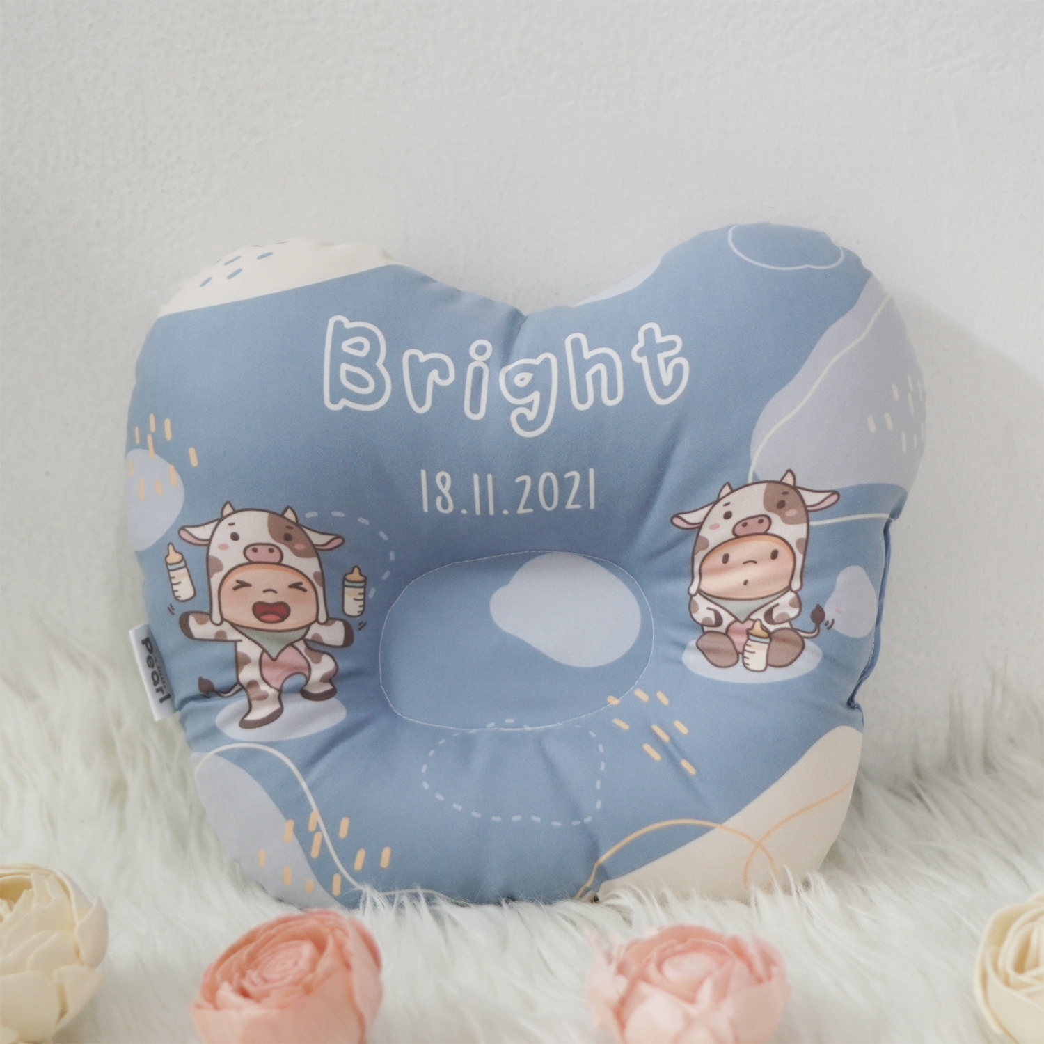 หมอนเด็ก หมอนหลุม Baby Pillow สั่งทำใส่ชื่อ ลาย Cow2 - Blue