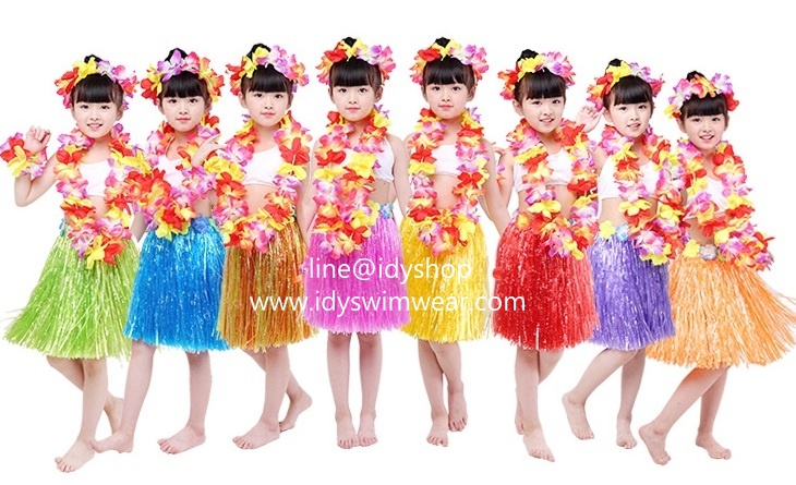 รุ่นเด็ก แบบที่ 1ขนาดยาว 40 cm สีมิกซ์ กระโปรงเชือกฟาง Hawaii กระโปรงฮาวาย อย่างเดียว อย่างหนา