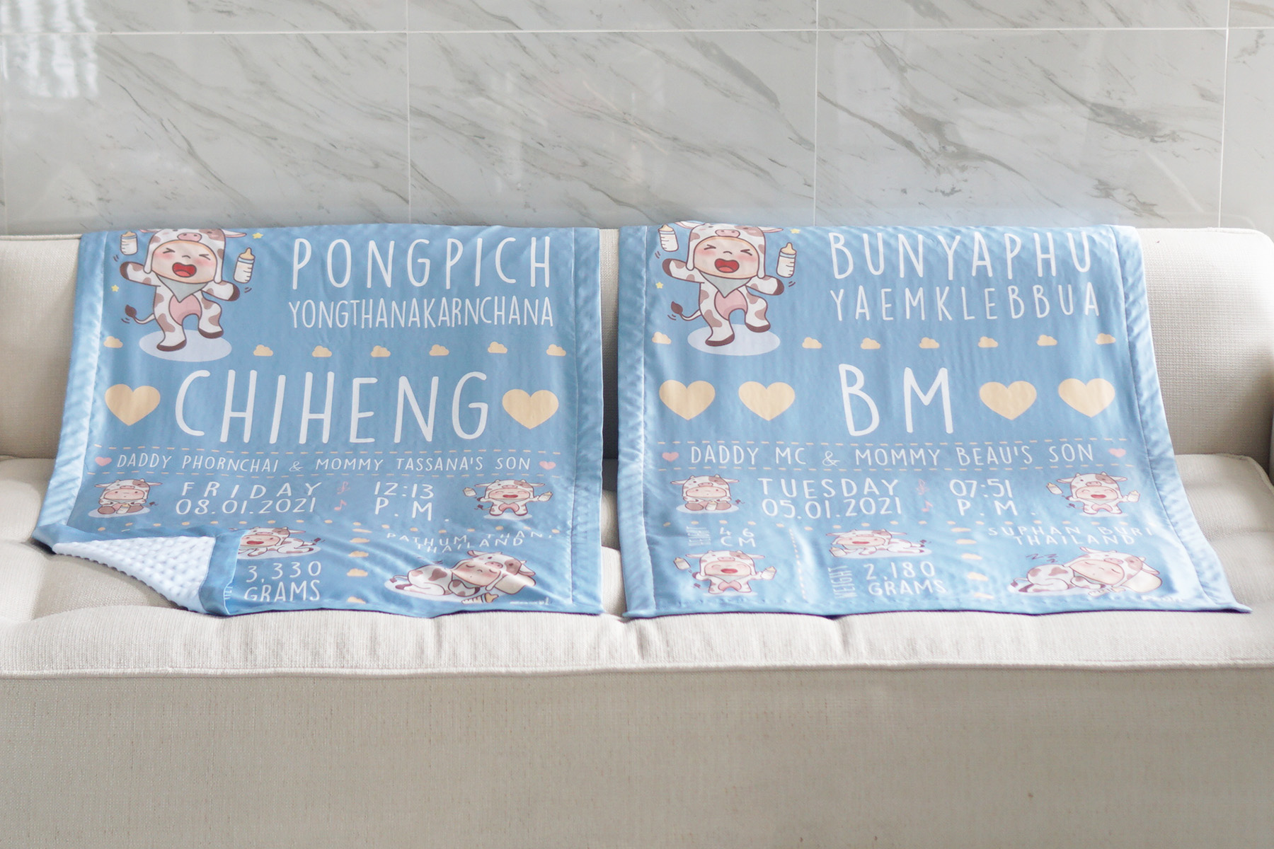 ผ้าห่มเด็ก ใส่ประวัติแรกเกิด ลาย Cow2 - Blue