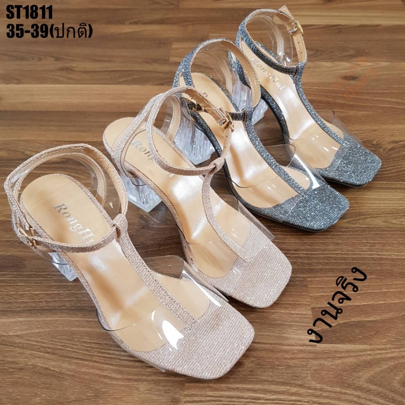 รองเท้าส้นแก้วกากเพชรรัดข้อ (สีเงิน)