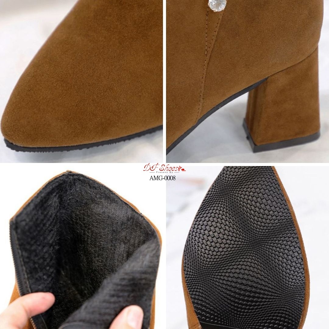 รองเท้าบูทส้นตันทรงหัวแหลมแต่งคริสตัล (สีน้ำตาล)