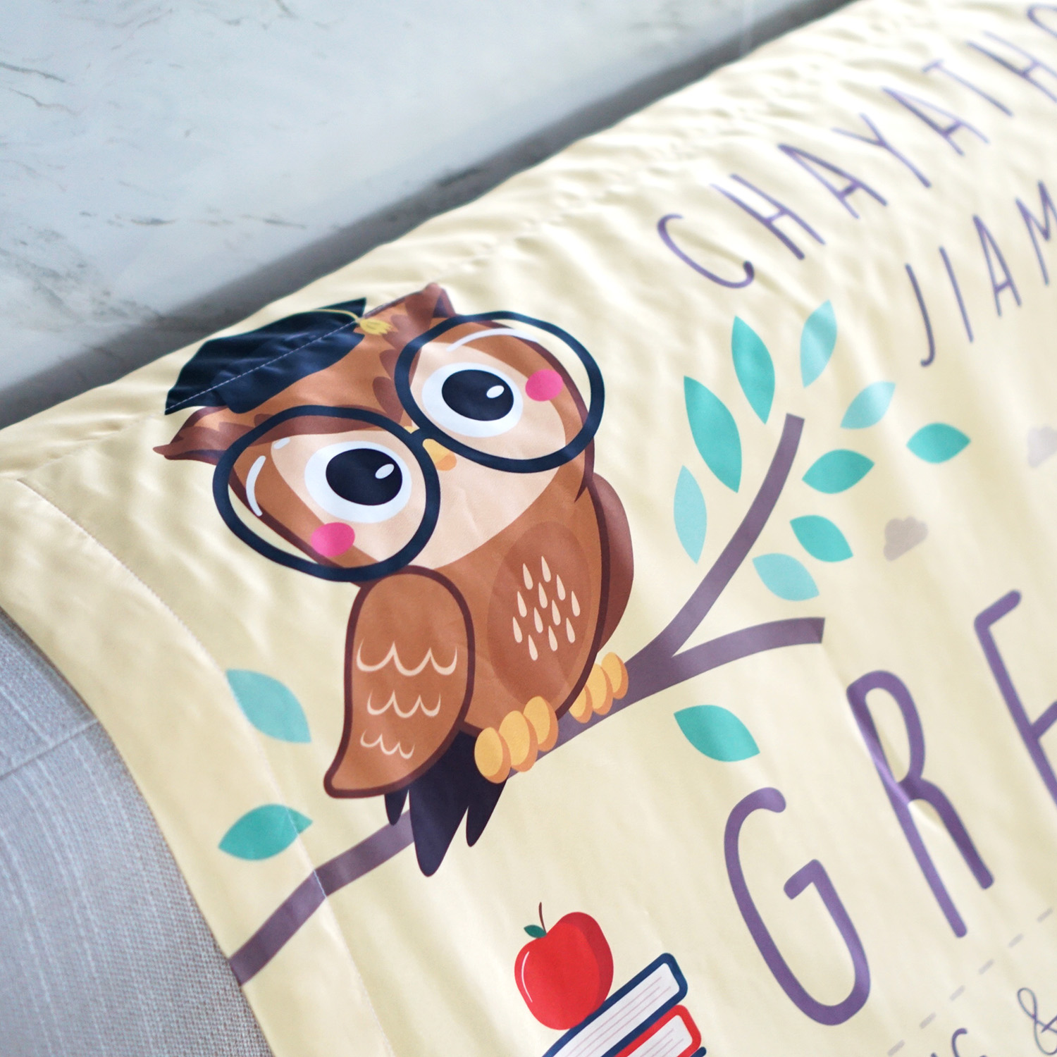 ผ้าห่มเด็ก ใส่ประวัติแรกเกิด ลายนกฮูก - Owl - Yellow