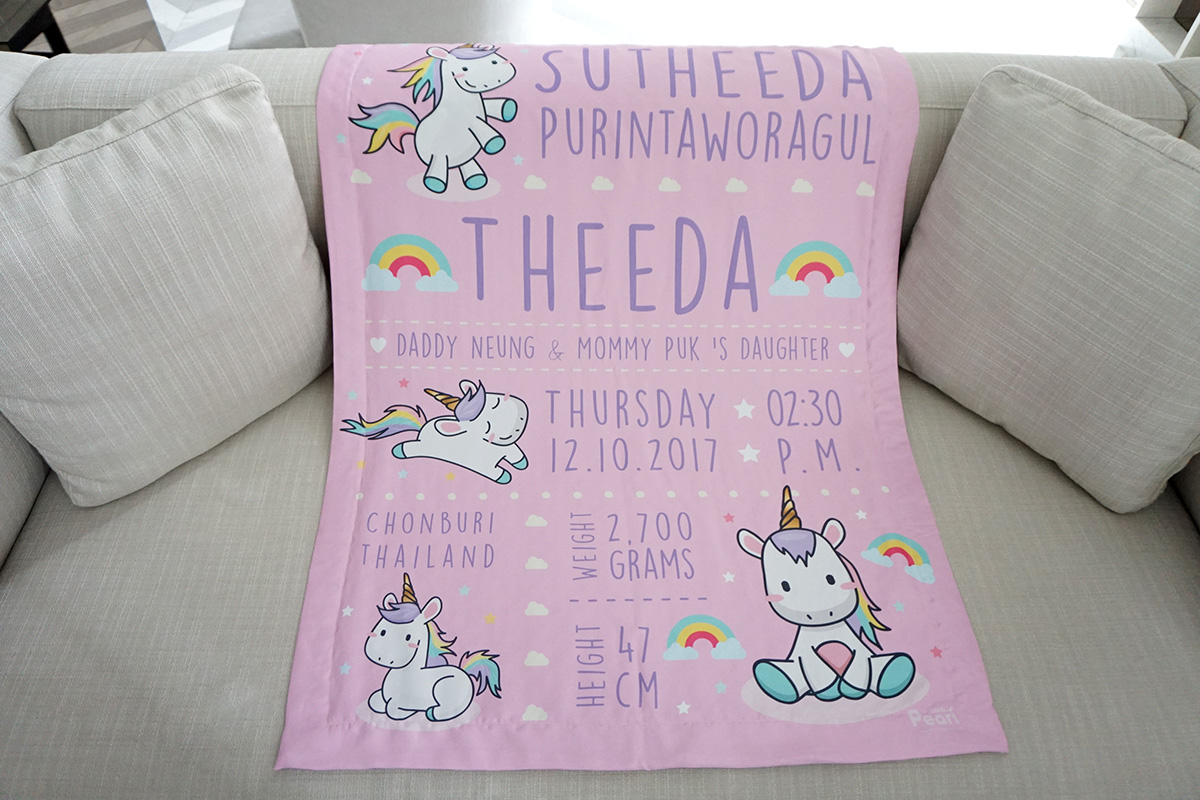 ผ้าห่มเด็ก ใส่ประวัติแรกเกิด ลายยูนิคอร์น - Unicorn - Pink Lavender