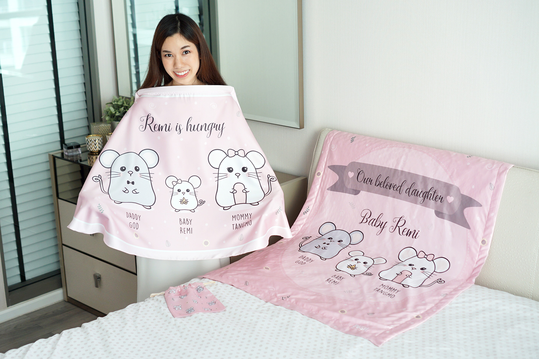 ชุดของขวัญเด็กแรกเกิด ผ้าคลุมให้นม + ผ้าห่มขนาด 75x100cm ลาย Mini Mouse - Pink