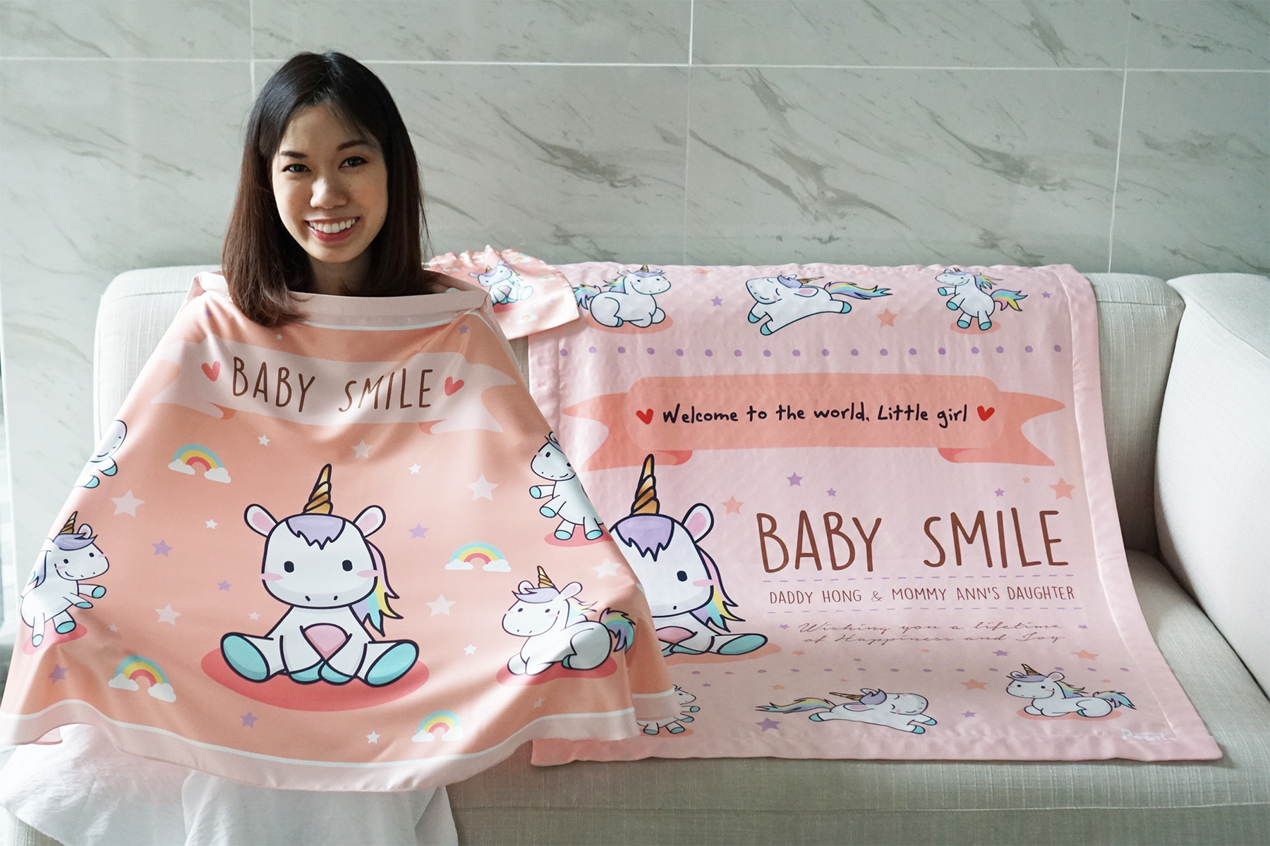 ชุดของขวัญเด็กแรกเกิด ผ้าคลุมให้นม + ผ้าห่มขนาด 75x100cm ลาย Unicorn - Peach