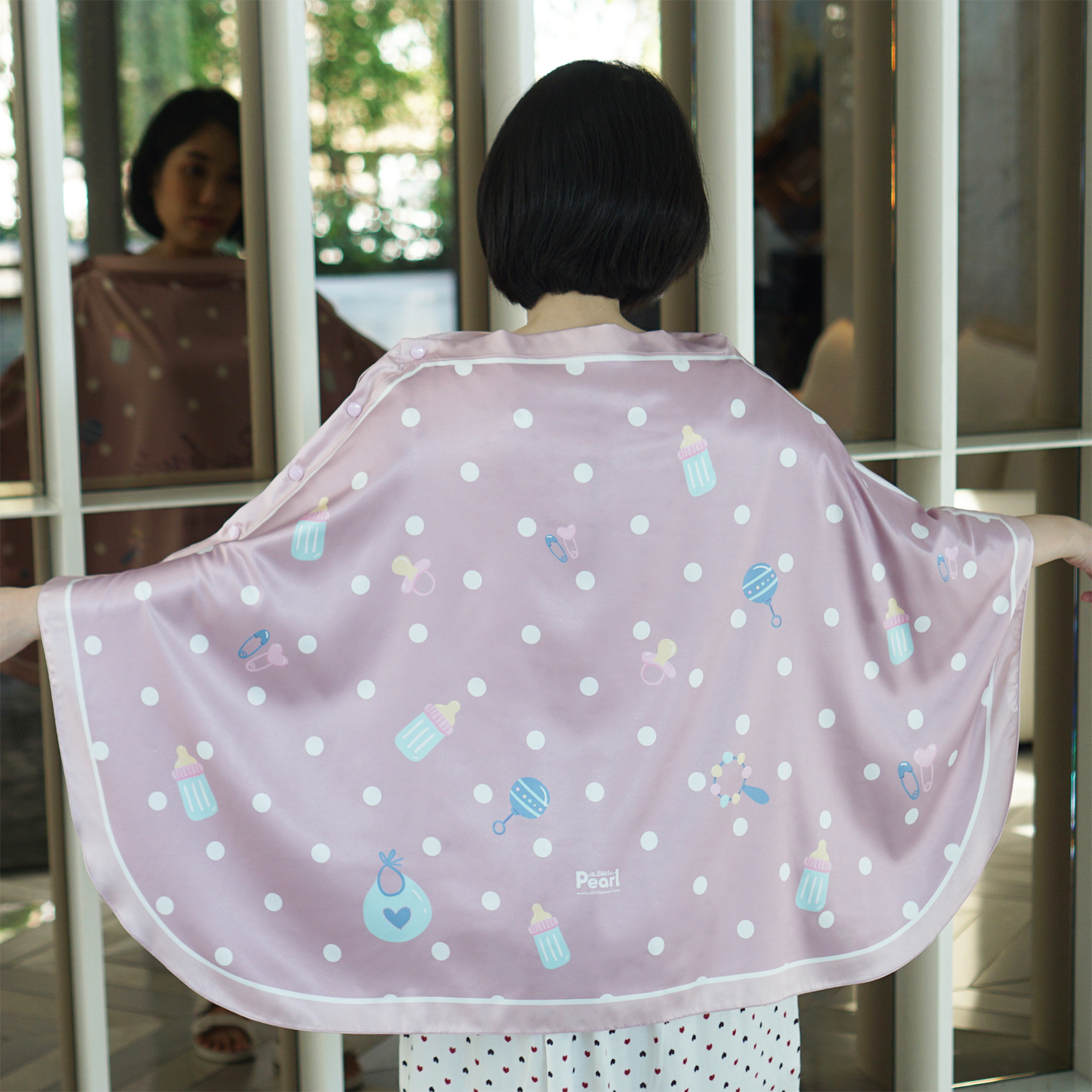 ผ้าคลุมให้นม 3in1 (รุ่นมีกระดุม ถอดโครงได้) แบบสั่งทำใส่ชื่อ ลาย Polka dot - Milk - Rose Taupe