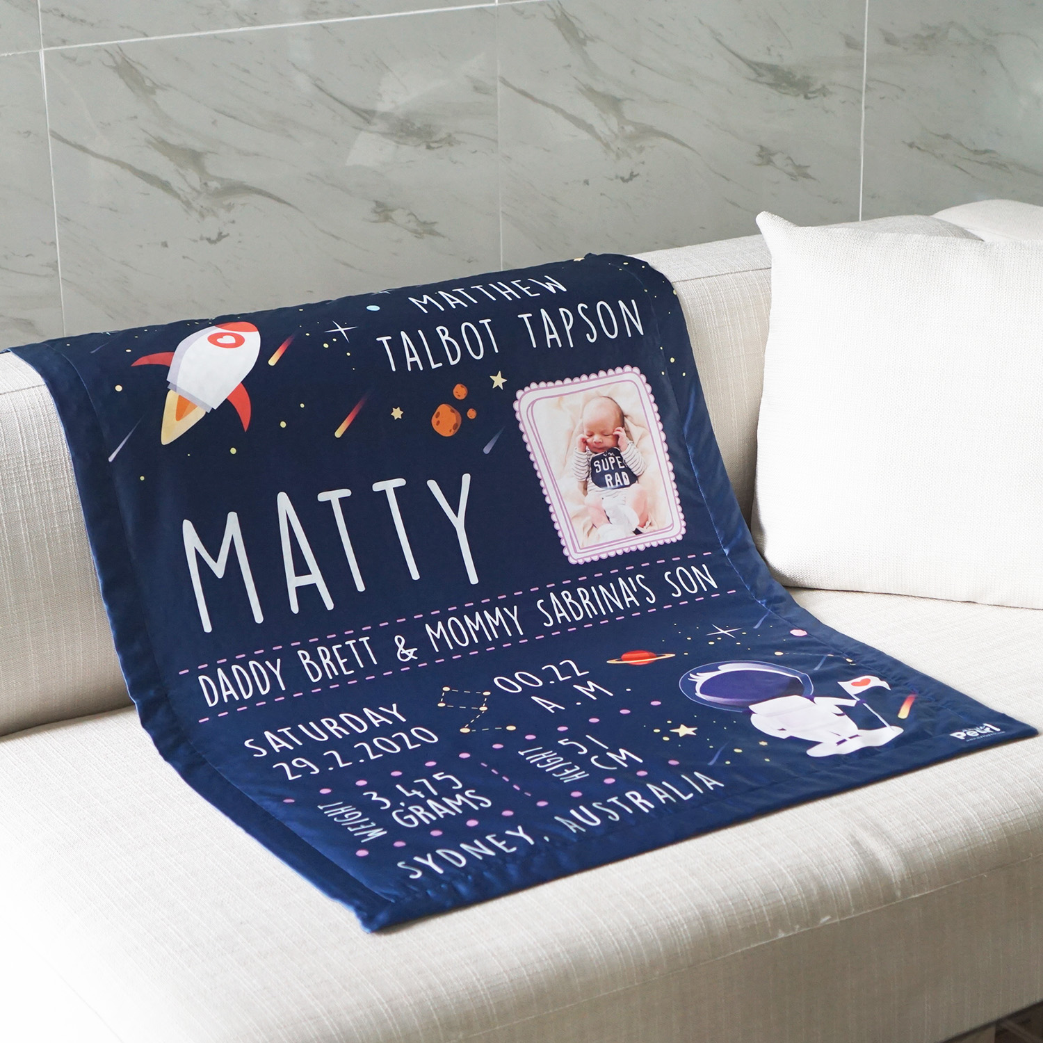 ผ้าห่มเด็ก ใส่ประวัติแรกเกิด ลาย Space - Navy + ใส่รูปถ่าย