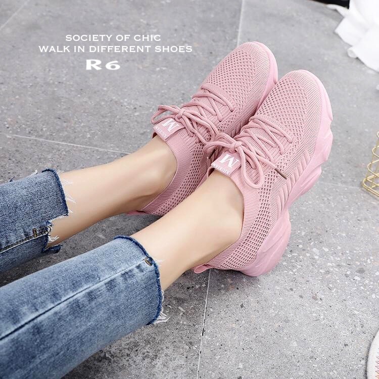 รองเท้าผ้าใบแฟชั่นขอบถุงเท้าสไตล์ Sport (สีชมพู)