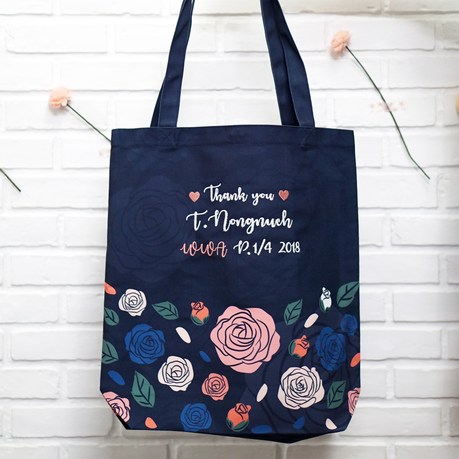 กระเป๋าผ้าแคนวาส ปักชื่อ ลาย Rose - Navy