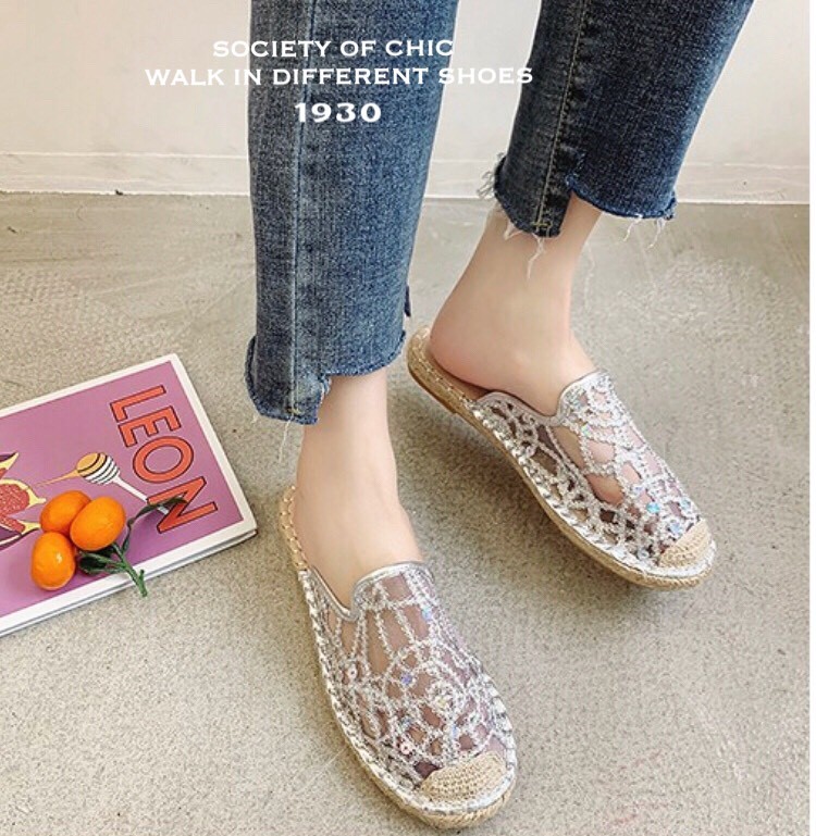 รองเท้าแตะผ้าลูกไม้แต่งเลื่อม (สีชมพู)