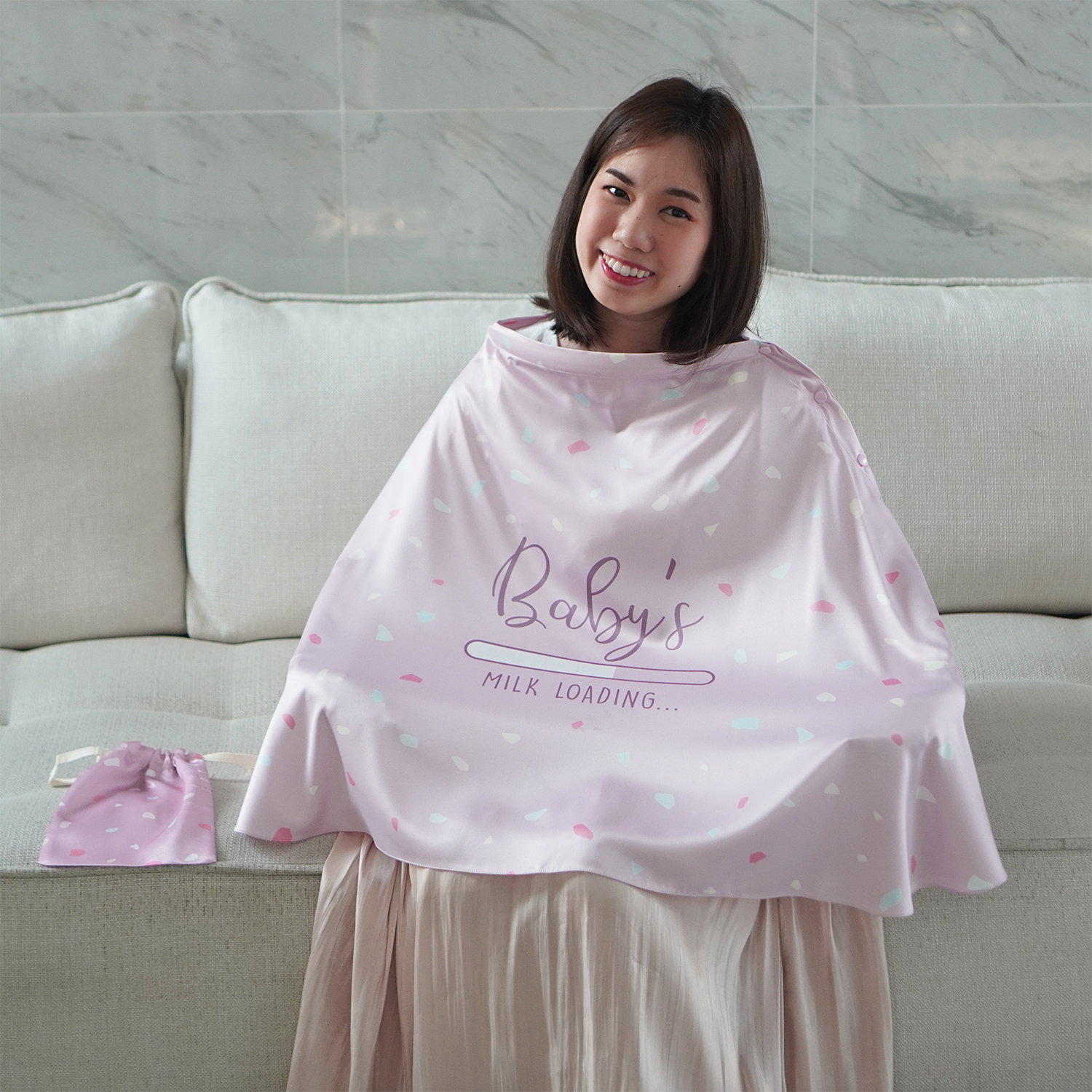 ผ้าคลุมให้นม (รุ่นมีกระดุม ถอดโครงได้) พร้อมส่ง ลาย Terrazzo - Pink