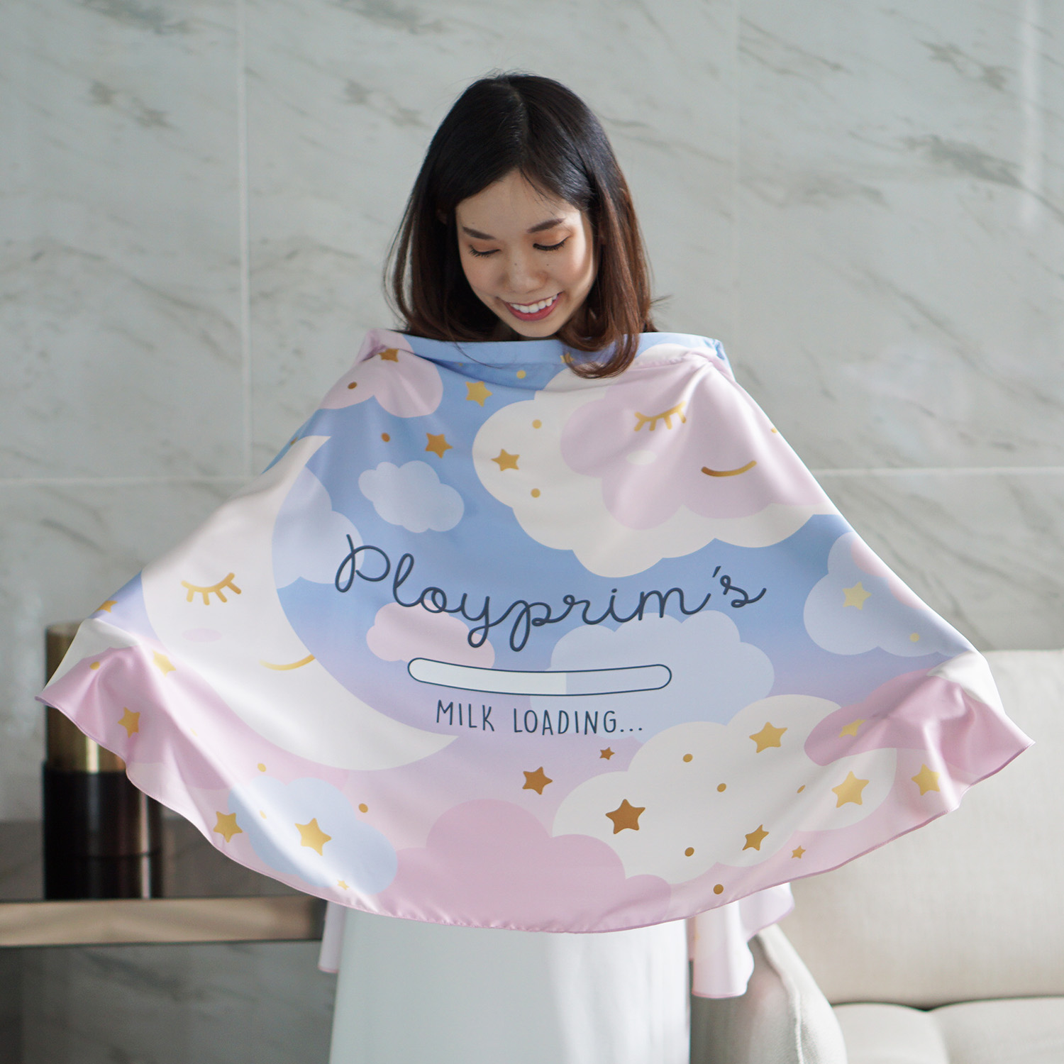 ผ้าคลุมให้นม สั่งทำใส่ชือ ลาย Moon - Blue Pink