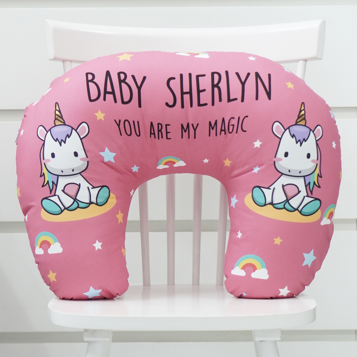 หมอนรองให้นม สั่งทำใส่ชื่อ ลาย Unicorn - Pink