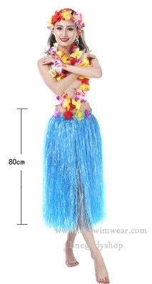 แบบที่ 2 ขนาด 80 cm สีฟ้า กระโปรงเชือกฟาง ฮาวาย อย่างหนา + เซทพวงมาลัยดอกไม้ 4 ชิ้น