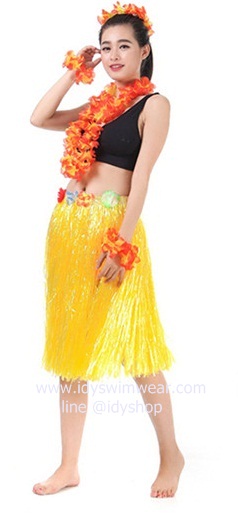 แบบที่ 2 ขนาด 60 cm สีเหลือง กระโปรงเชือกฟาง ฮาวาย อย่างหนา + เซทพวงมาลัยดอกไม้ 4 ชิ้น