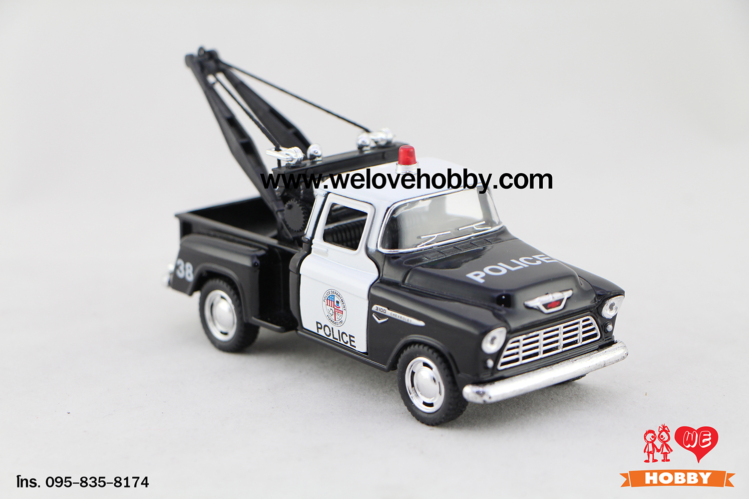 โมเดลรถตำรวจ 1955 Chevrolet Chevy Stepside Pick-Up สีดำ-ขาว Scale 1:32 มีเซตอุปกรณ์รถยก รถลาก