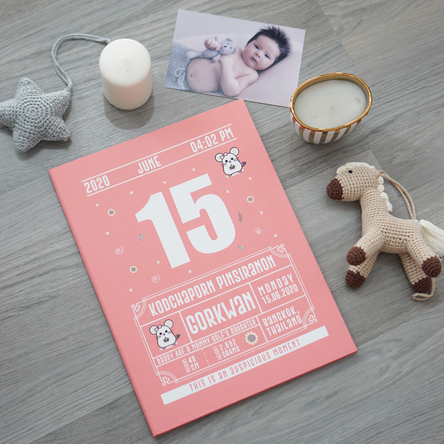 แฟ้มทะเบียนสมรส/สูติบัตร สั่งทำใส่ข้อความ ลาย Chinese Calendar - Mini Mouse - Peach