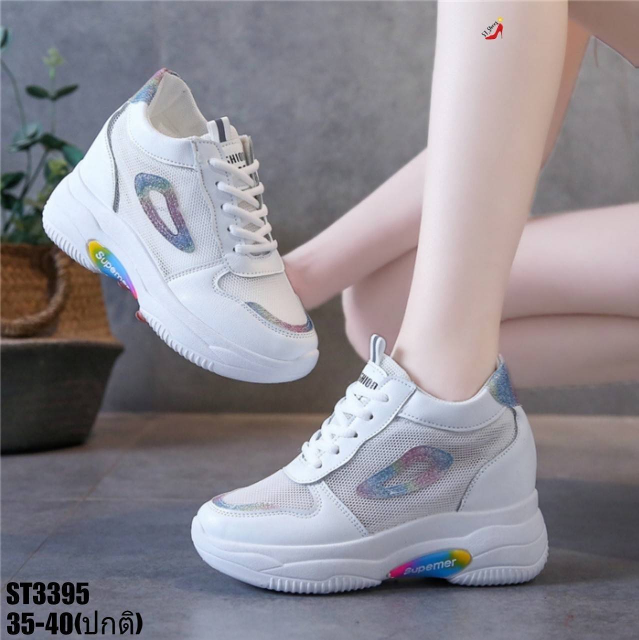 รองเท้าผ้าใบเสริมส้นสไตล์Sportแต่งกลิตเตอร์ (สีฟ้า)