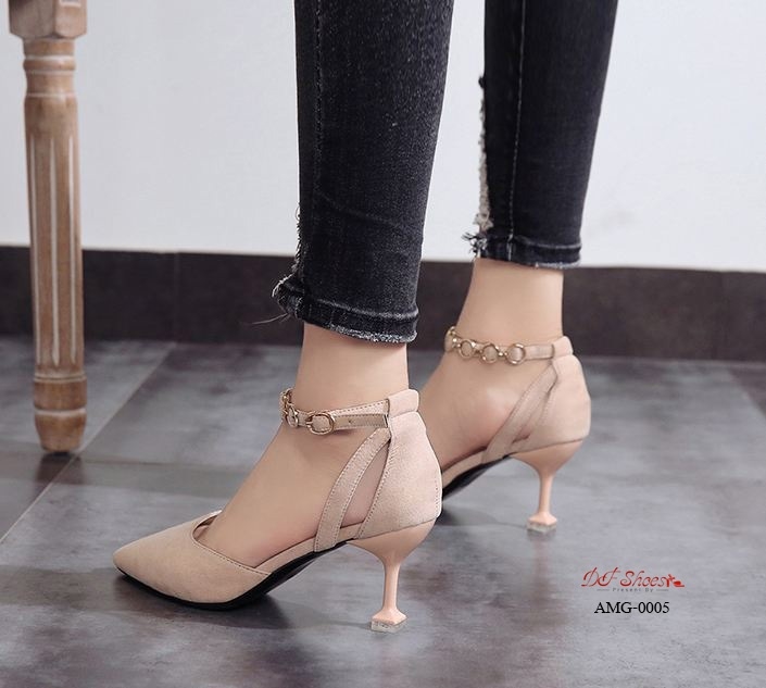 รองเท้าคัทชูส้นแจกันแต่งสายรัดข้อ (สีชมพู)