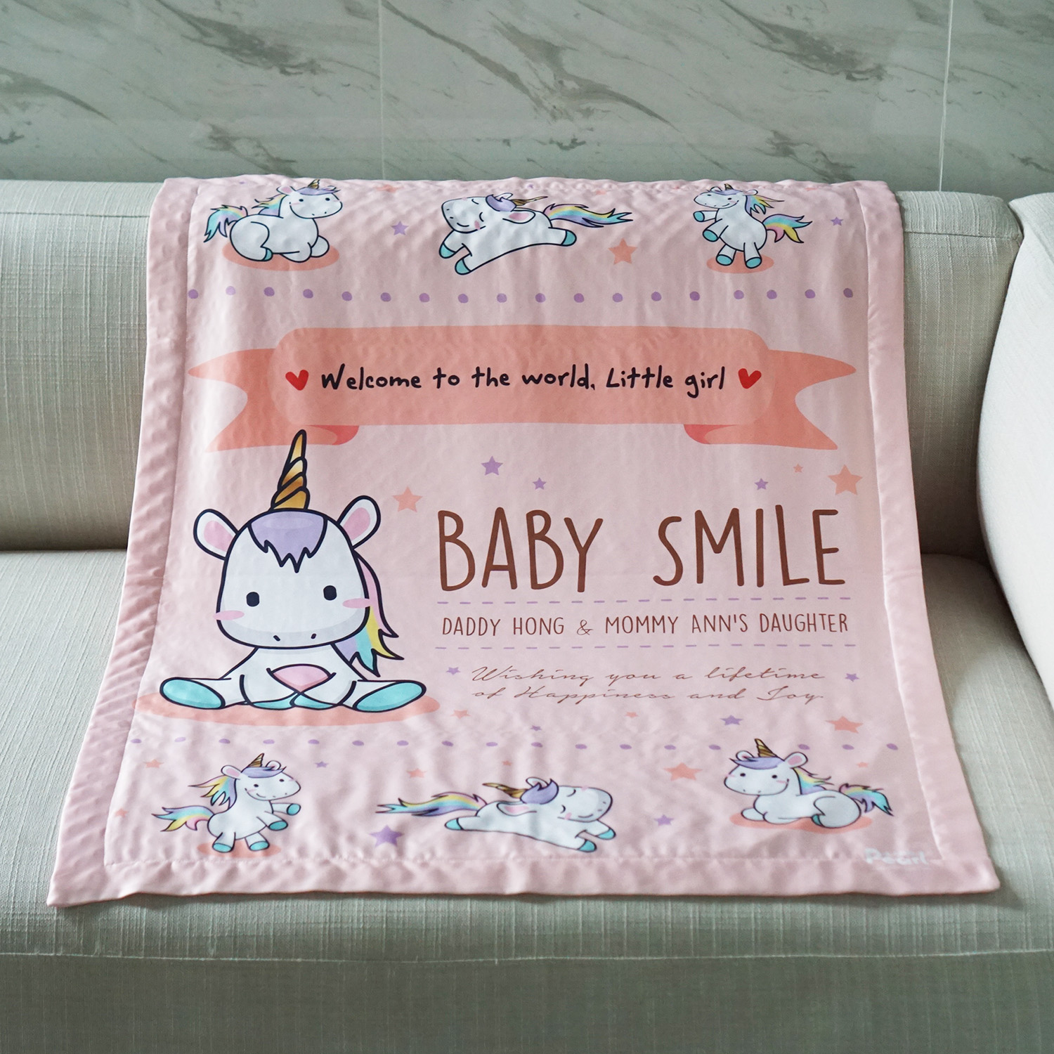 ผ้าห่ม สั่งทำใส่ชื่อ ลายยูนิคอร์น - Unicorn - Peach