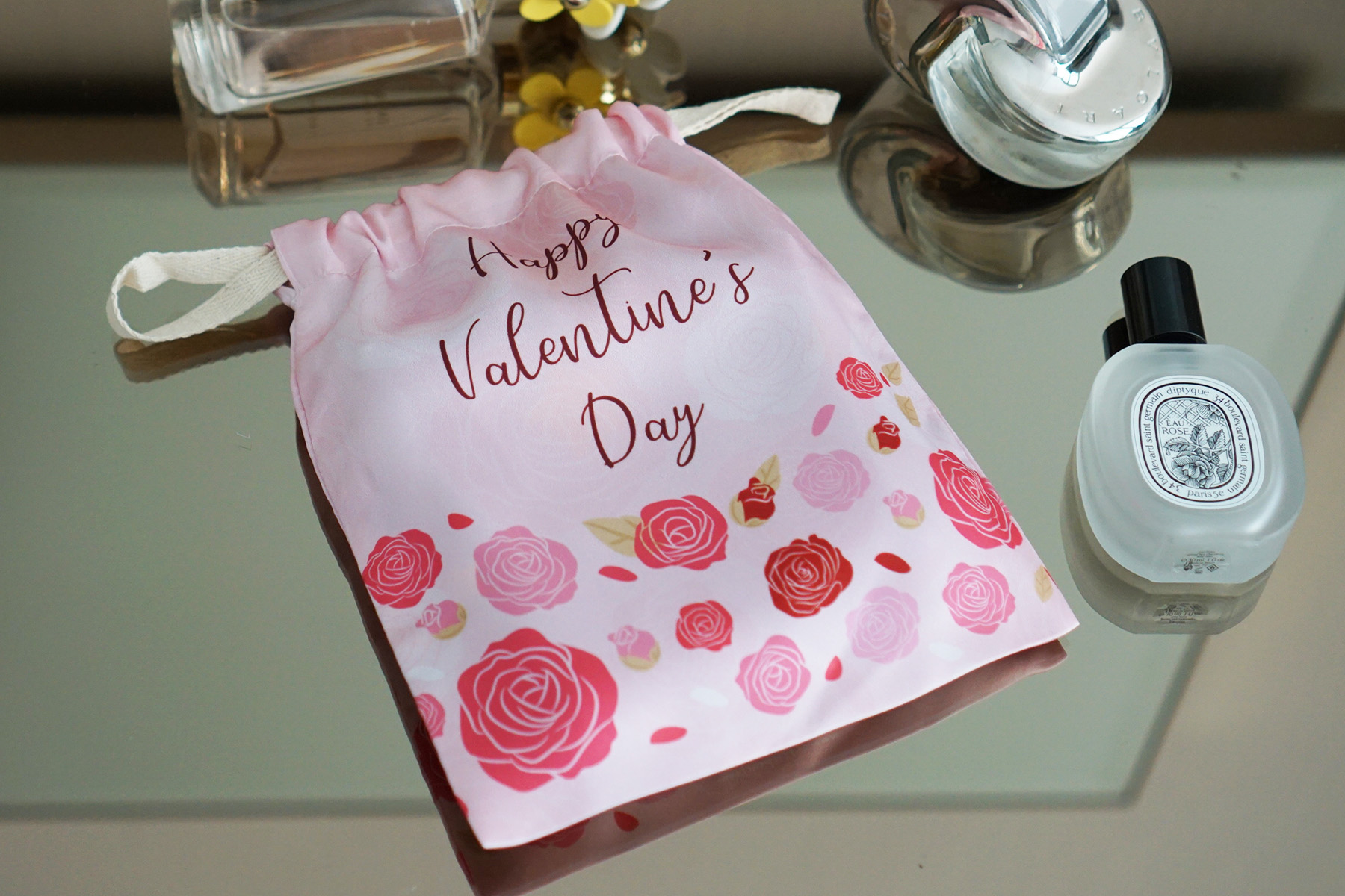 ถุงผ้าซาติน ลาย Rose - Pink - Valentine