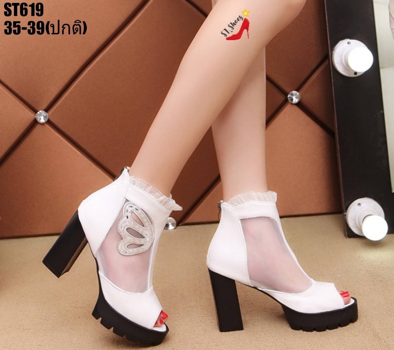 รองเท้าส้นตันหุ้มส้นแต่งผ้าซีทรู (สีดำ)