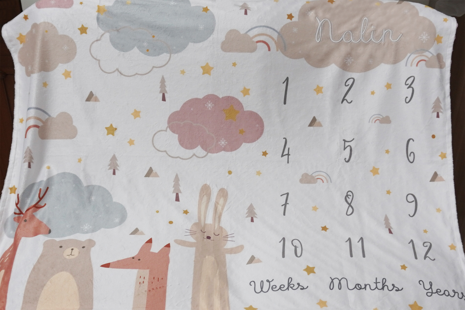 ผ้าห่ม Minky ลาย Woodland - Milestone 75x100cm แบบปักชื่อ ด้านหลังสีชมพู
