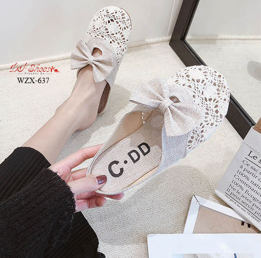 รองเท้าลูกไม้เปิดส้นแต่งโบว์ (สีดำ)