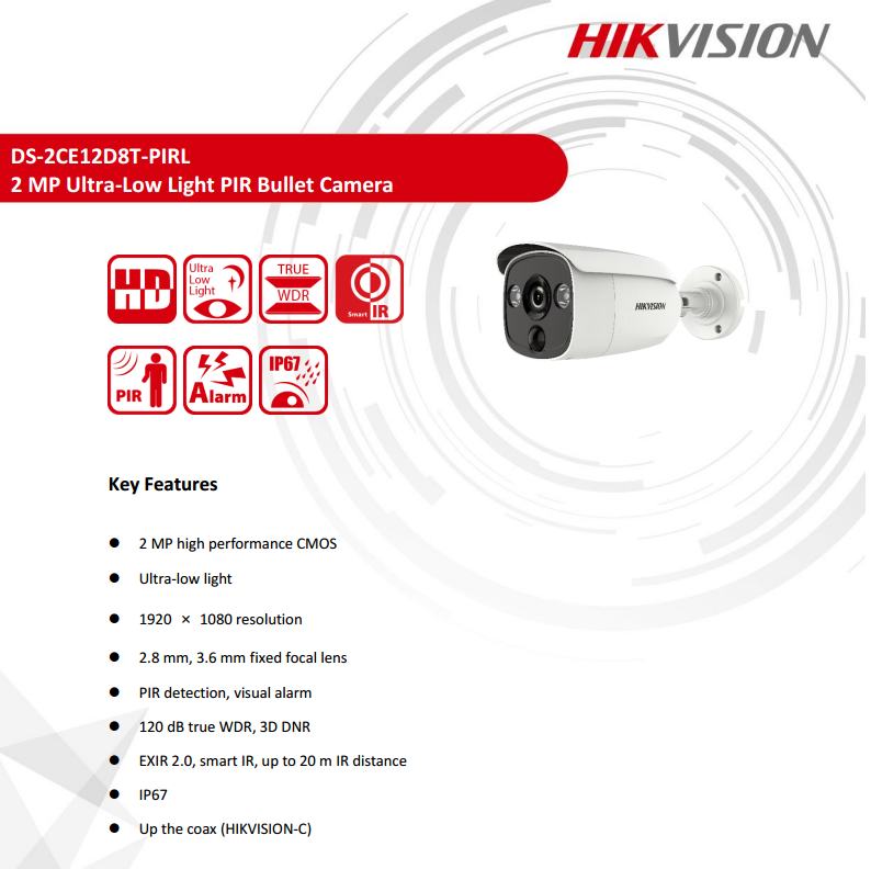 ขายถูก HIKVISION Turbo HD รุ่น DS-2CE12D8T-PIRL(3.6mm) 2 ล้านพิกเซล Ultra Low Light + PIR