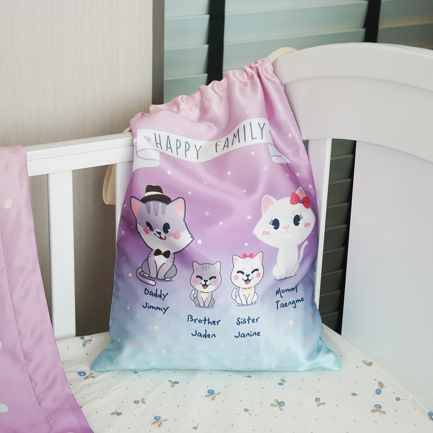 ถุงผ้าซาติน ไซส์ L สั่งทำใส่ชื่อ ลาย Kitten Family - Purple Blue