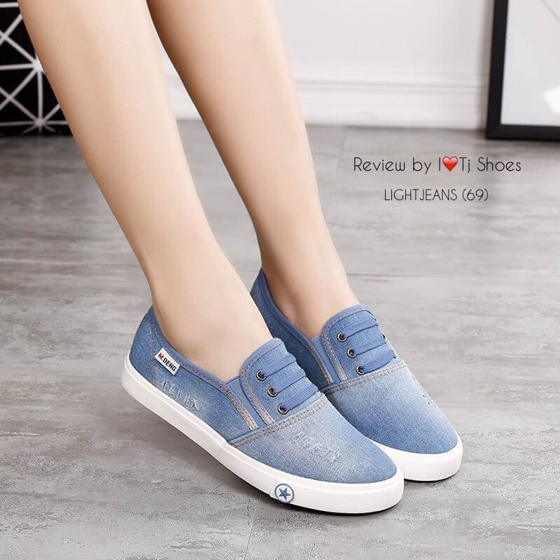 รองเท้าผ้าใบยีนส์ Slip on แต่งเชือก (สีอ่อน)