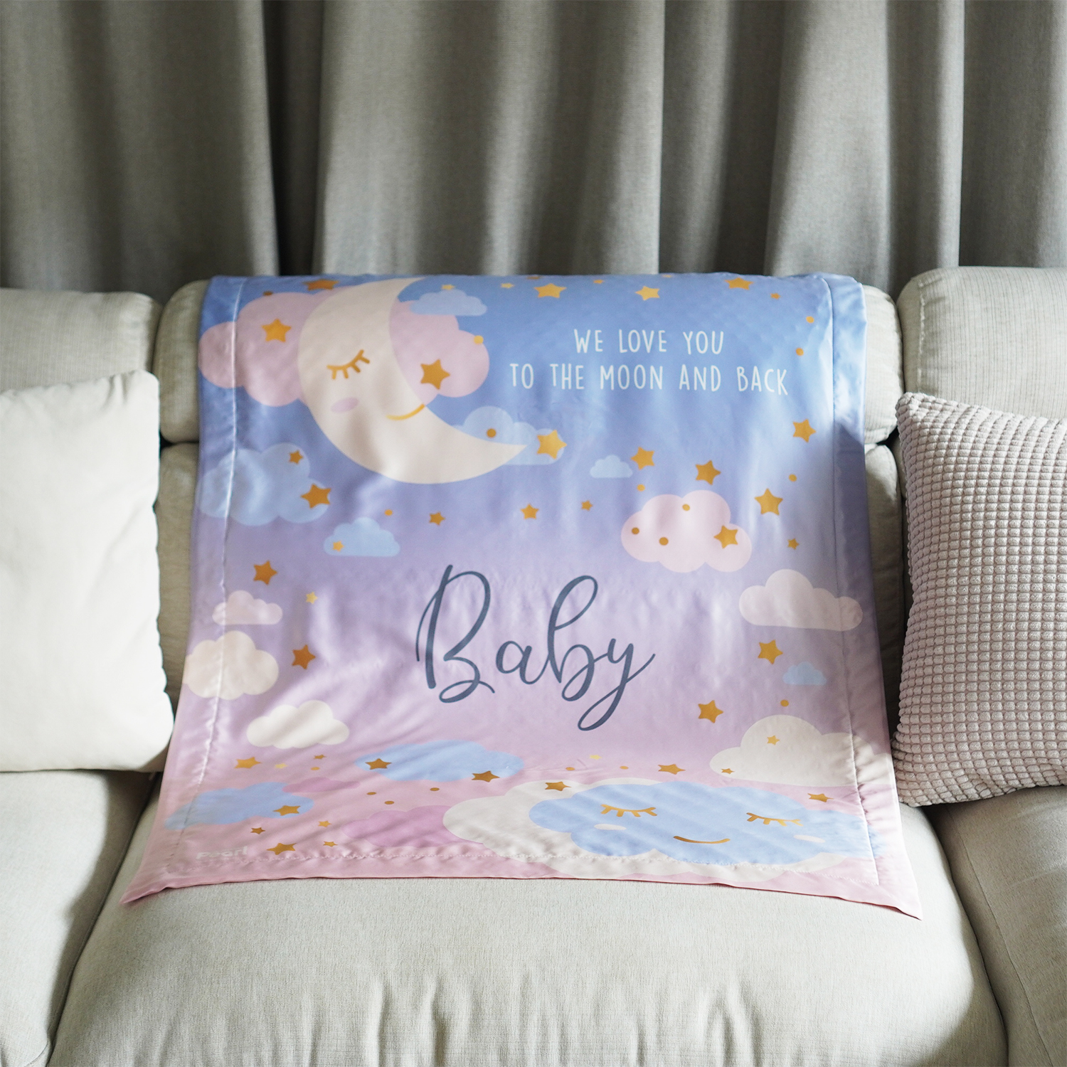 ผ้าห่ม ผ้าไหมเสปน ด้านหลังผ้า minky ขนาด 75x100cm - ลาย Moon - Blue Pink