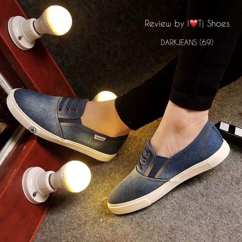 รองเท้าผ้าใบยีนส์ Slip on แต่งเชือก (สีอ่อน)