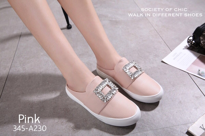 รองเท้าผ้าใบเปิดส้นแต่งเพชรหน้า (สีชมพู)