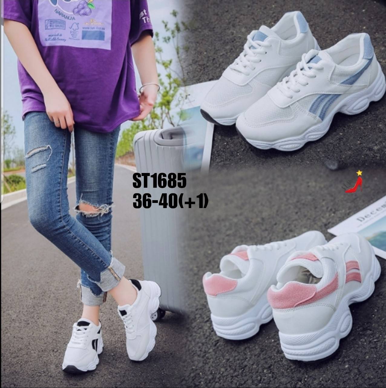 รองเท้าผ้าใบทรงSportแต่งแถบทูโทน (สีชมพู)