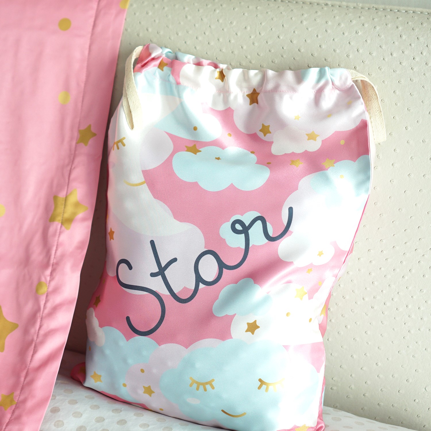 ถุงผ้าซาติน ไซส์ L สั่งทำใส่ชื่อ - Moon - Dark Pink