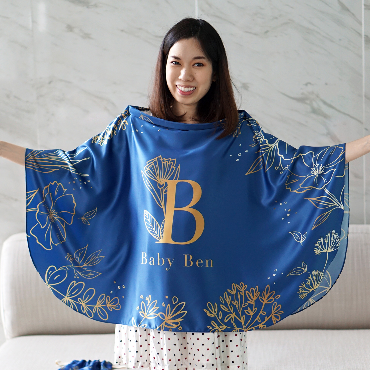 ผ้าคลุมให้นม สั่งทำใส่ชือ ลาย Botanical - Dark Blue