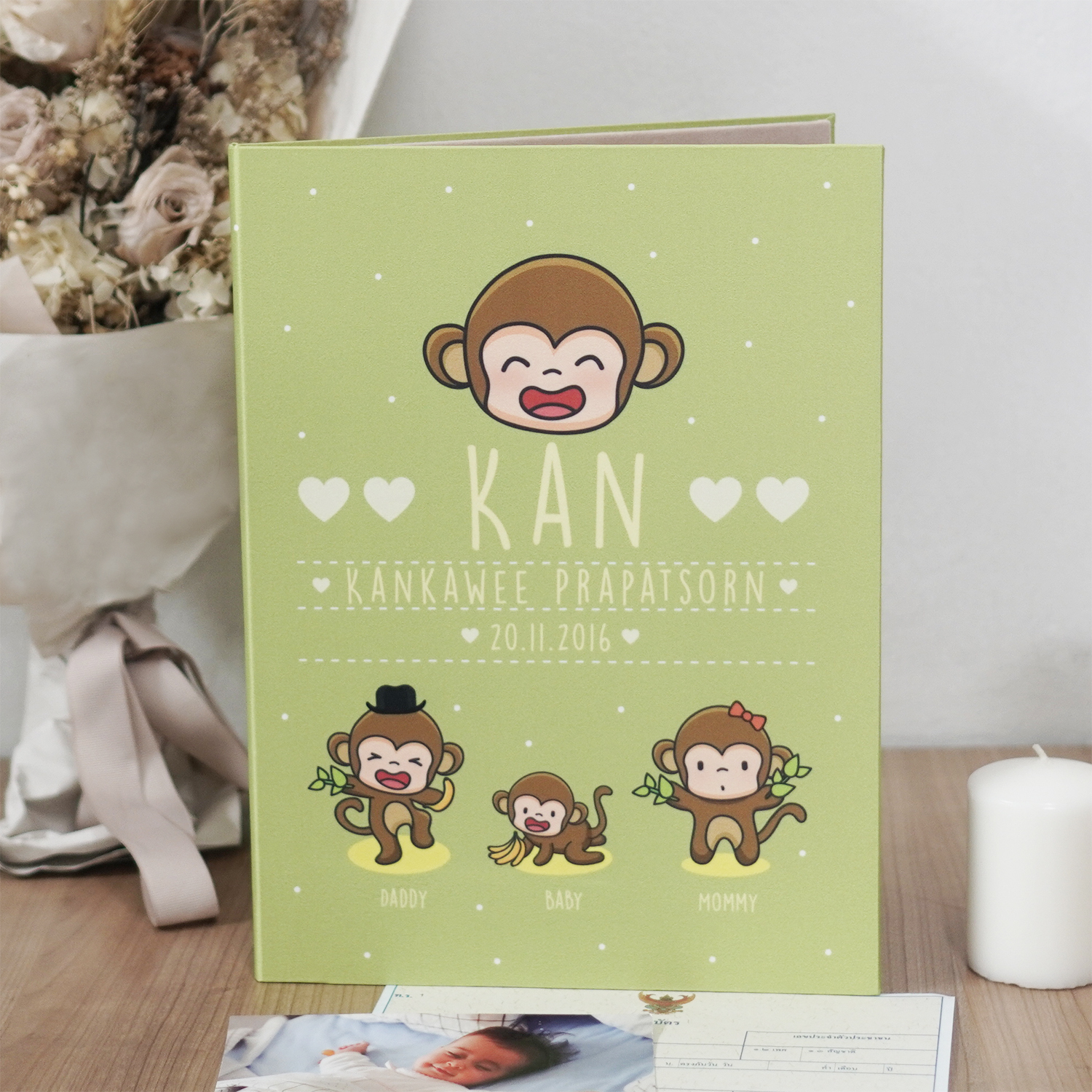 แฟ้มทะเบียนสมรส/สูติบัตร สั่งทำใส่ข้อความ ลาย Monkey - Lime