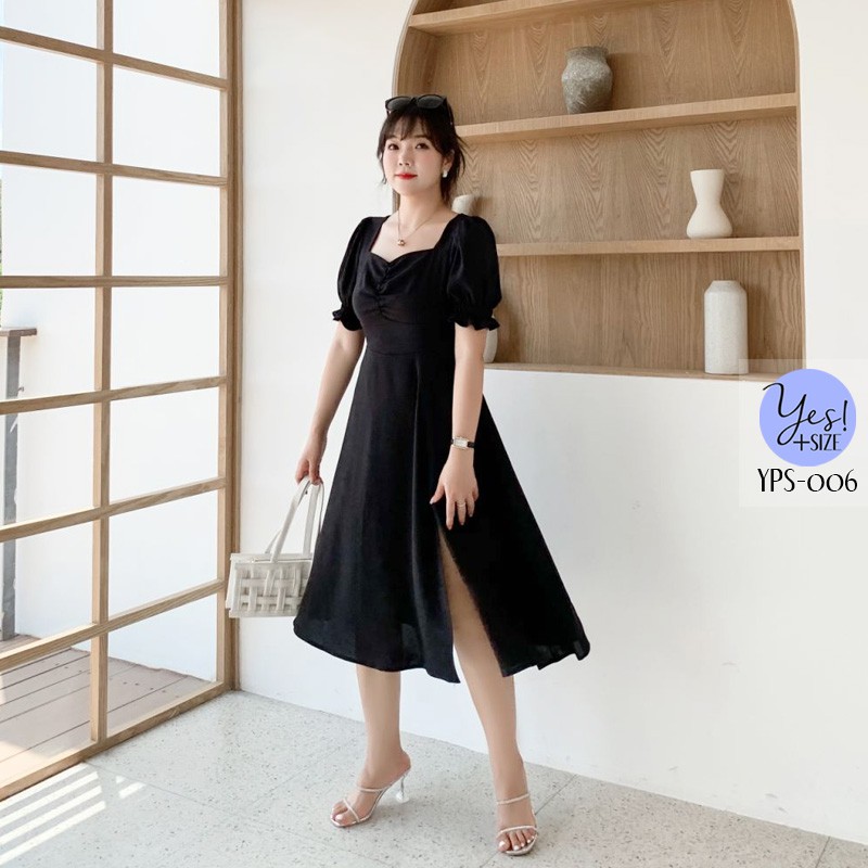 ชุดเดรสยาวสาวอวบ อก 40-50 นิ้ว ผ้านิ่มพริ้ว เอวยืดด้านหลัง แขนตุ๊กตา ผ่าหน้า YPS-006