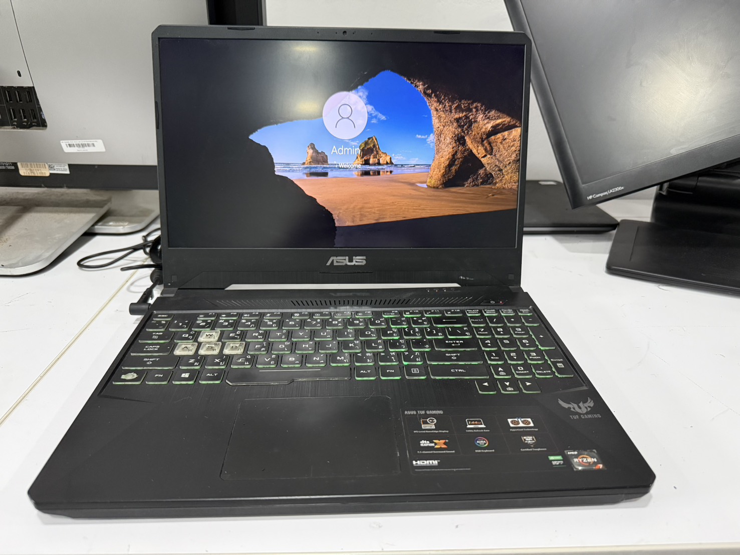 โน๊ตบุ๊ค Asus TUF Gaming FX505DT(Ryzen7 3750H/16GB/M.2 512GB/GTX1650 4GB)+Adapter จอ Bright บานพับแตก Keyborad ลอก ลำโพงแตก แบต 48% พัดลมดัง