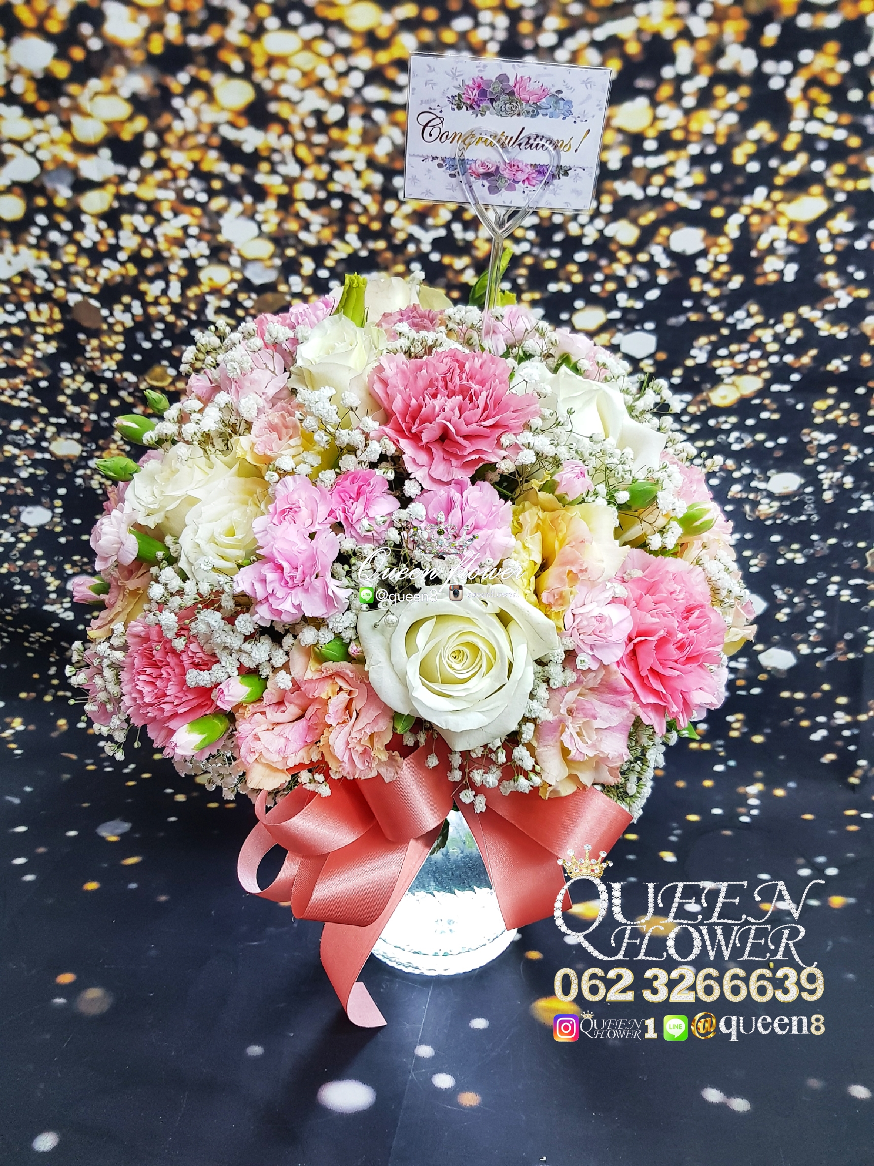 แจกันดอกไม้ โทนชมพูโอรส-ขาว ร้านดอกไม้ศาลายา นครปฐม